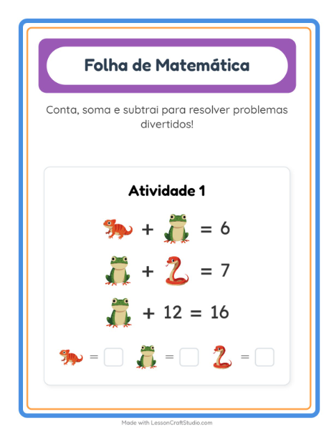 Pré-visualização da ficha de Atividade De Matemática com Répteis e anfíbios para Educação infantil (pré-escola, 5-7 anos)