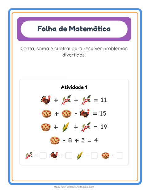 Pré-visualização da ficha de Atividade De Matemática com Dia de Ação de Graças para Educação infantil (pré-escola, 5-7 anos)