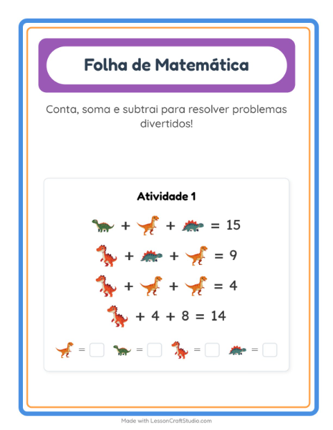 Pré-visualização da ficha de Atividade De Matemática com Dinossauros para Educação infantil (pré-escola, 5-7 anos)