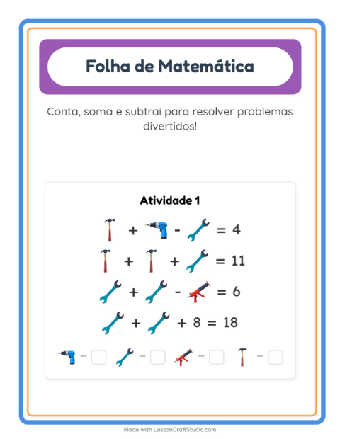 Pré-visualização da ficha de Atividade De Matemática com Ferramentas para Educação infantil (pré-escola, 5-7 anos)