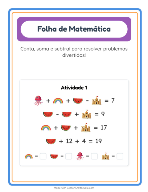 Pré-visualização da ficha de Atividade De Matemática com Verão para Educação infantil (pré-escola, 5-7 anos)