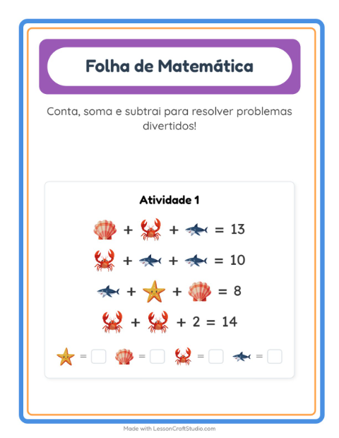 Pré-visualização da ficha de Atividade De Matemática com Vida marinha para Educação infantil (pré-escola, 5-7 anos)