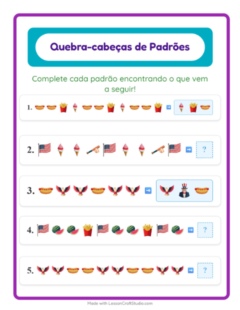 Pré-visualização da ficha de Atividade De Padrões com 4 de Julho para 1º ano do ensino fundamental