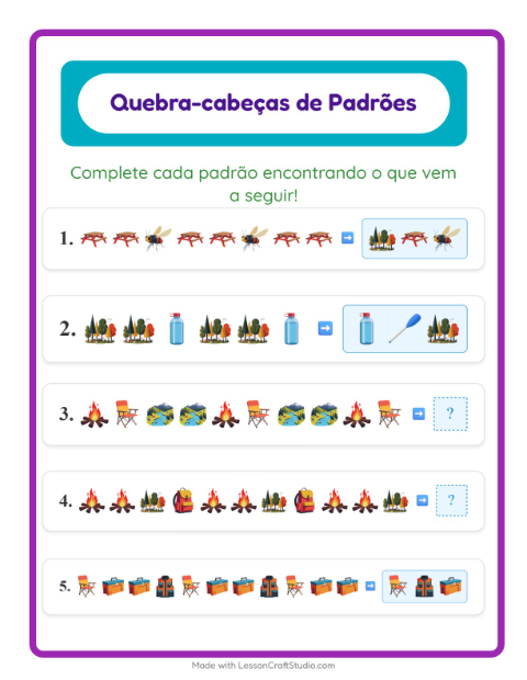 Pré-visualização da ficha de Atividade De Padrões com Acampamento para 1º ano do ensino fundamental