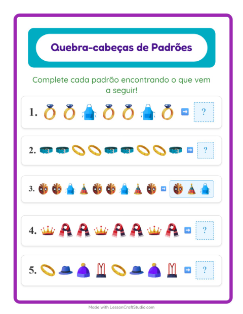Pré-visualização da ficha de Atividade De Padrões com Acessórios para 1º ano do ensino fundamental