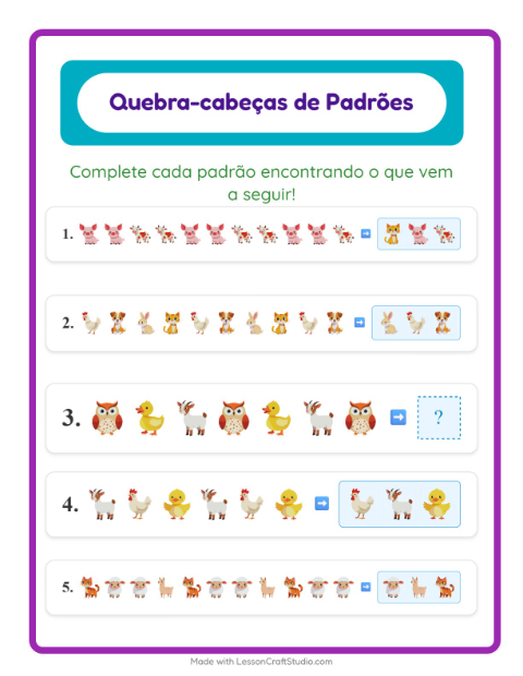 Pré-visualização da ficha de Atividade De Padrões com Animais da fazenda para 1º ano do ensino fundamental