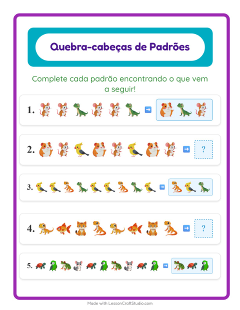 Pré-visualização da ficha de Atividade De Padrões com Animais de estimação para 1º ano do ensino fundamental