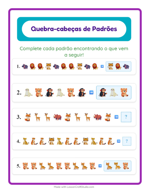 Pré-visualização da ficha de Atividade De Padrões com Animais do zoológico para 1º ano do ensino fundamental