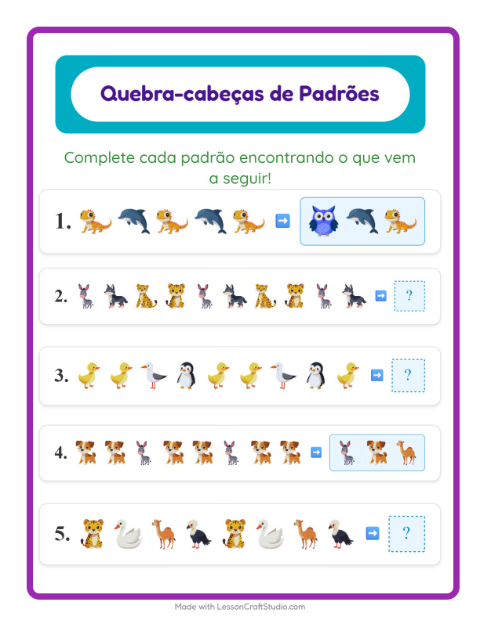 Pré-visualização da ficha de Atividade De Padrões com Animais para 1º ano do ensino fundamental