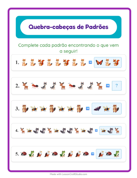 Pré-visualização da ficha de Atividade De Padrões com Criaturas da floresta para 1º ano do ensino fundamental