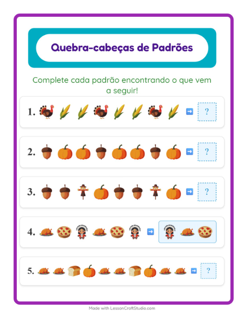 Pré-visualização da ficha de Atividade De Padrões com Dia de Ação de Graças para 1º ano do ensino fundamental