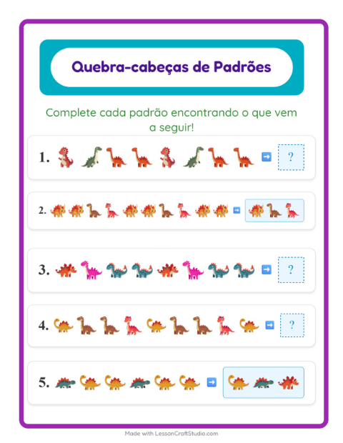Pré-visualização da ficha de Atividade De Padrões com Dinossauros para 1º ano do ensino fundamental