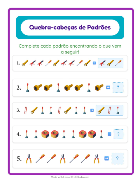 Pré-visualização da ficha de Atividade De Padrões com Ferramentas para 1º ano do ensino fundamental