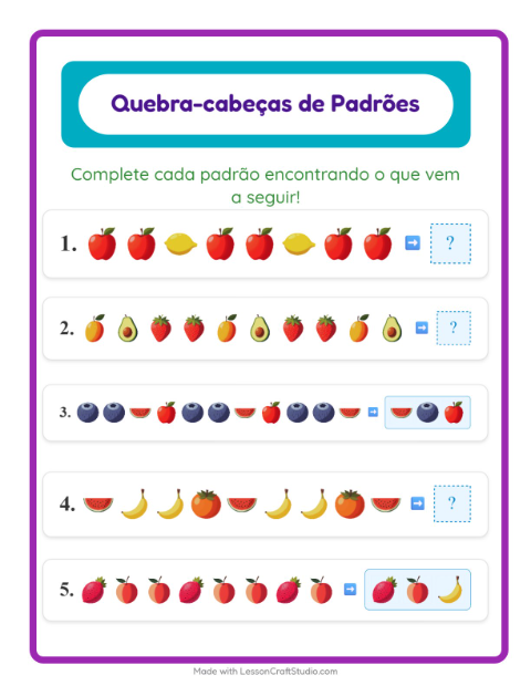 Pré-visualização da ficha de Atividade De Padrões com Frutas para 1º ano do ensino fundamental
