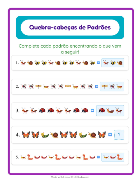 Pré-visualização da ficha de Atividade De Padrões com Insetos e bichos para 1º ano do ensino fundamental