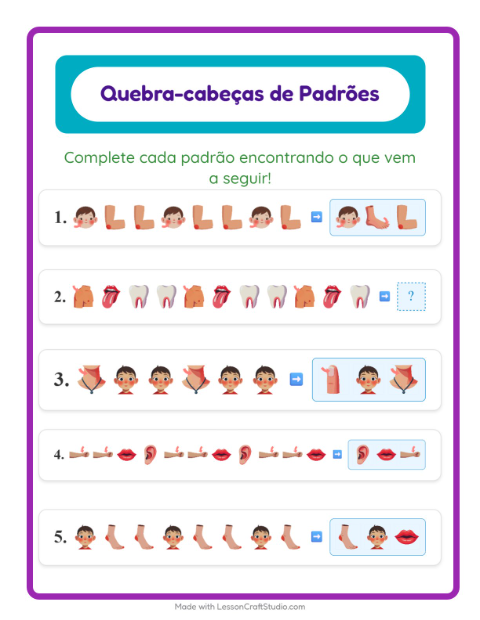 Pré-visualização da ficha de Atividade De Padrões com Partes do corpo para 1º ano do ensino fundamental