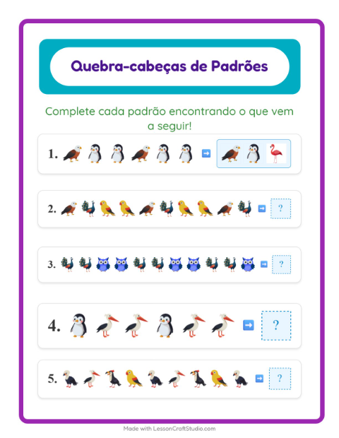 Pré-visualização da ficha de Atividade De Padrões com Pássaros para 1º ano do ensino fundamental