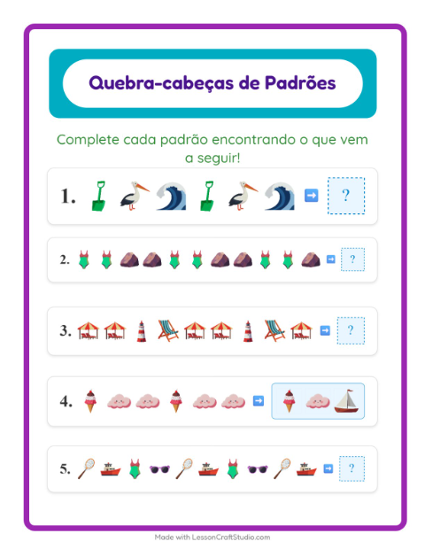 Pré-visualização da ficha de Atividade De Padrões com Praia para 1º ano do ensino fundamental