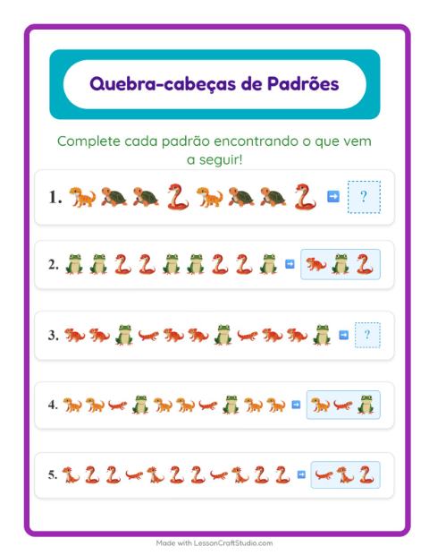 Pré-visualização da ficha de Atividade De Padrões com Répteis e anfíbios para 1º ano do ensino fundamental