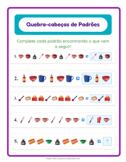 Pré-visualização da ficha de Atividade De Padrões com Utensílios de cozinha para 1º ano do ensino fundamental