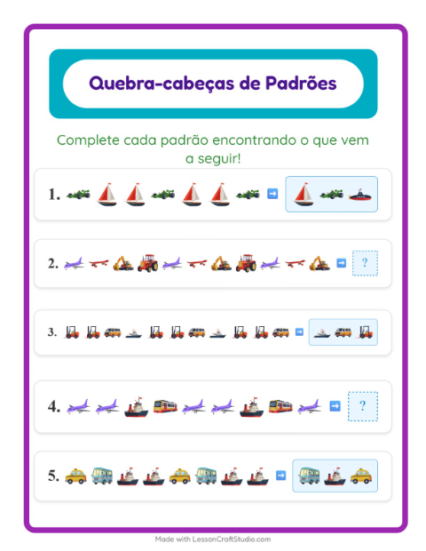 Pré-visualização da ficha de Atividade De Padrões com Veículos para 1º ano do ensino fundamental