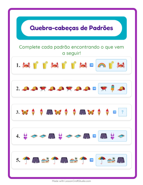 Pré-visualização da ficha de Atividade De Padrões com Verão para 1º ano do ensino fundamental