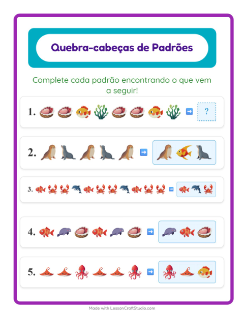 Pré-visualização da ficha de Atividade De Padrões com Vida marinha para 1º ano do ensino fundamental