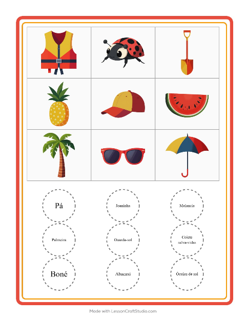 Pré-visualização da ficha de Bingo com Verão para Educação infantil (pré-escola, 5-7 anos)