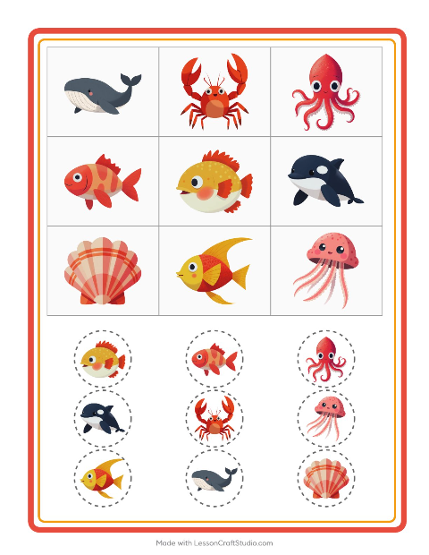 Pré-visualização da ficha de Bingo com Vida marinha para Educação infantil (pré-escola, 5-7 anos)