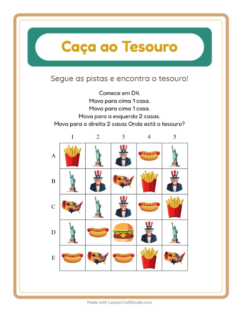 Pré-visualização da ficha de Caça Ao Tesouro com 4 de Julho para 1º ano do ensino fundamental