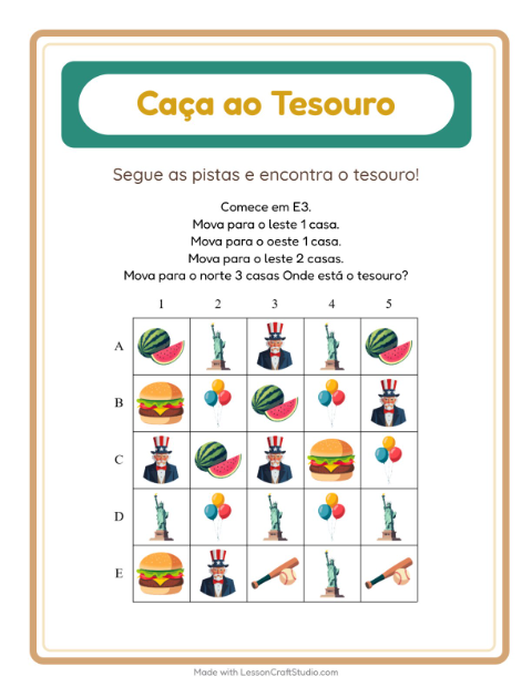 Pré-visualização da ficha de Caça Ao Tesouro com 4 de Julho para 1º ano do ensino fundamental