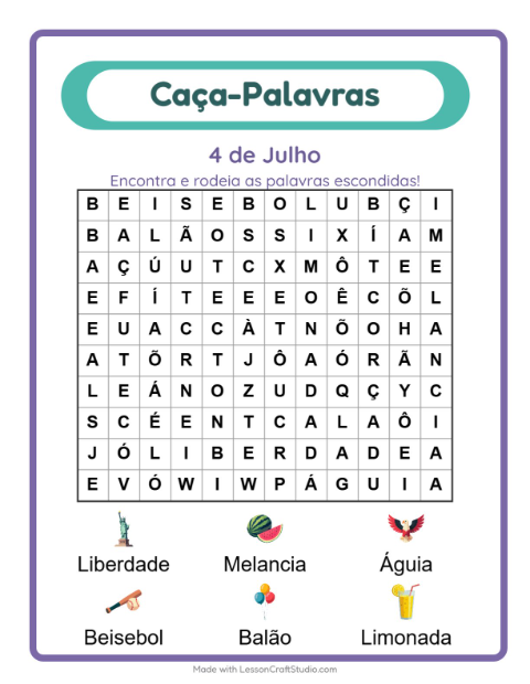 Pré-visualização da ficha de Caça-palavras com 4 de Julho para 1º ano do ensino fundamental