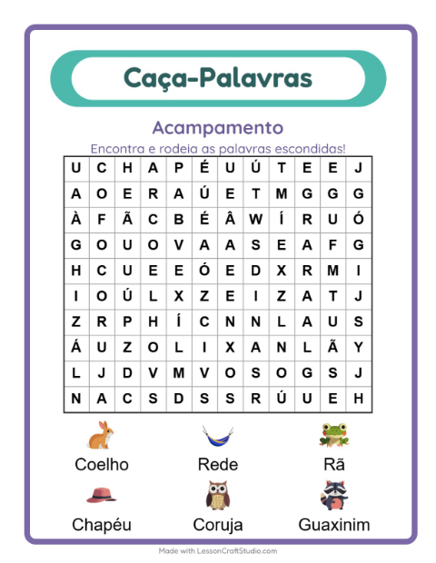 Pré-visualização da ficha de Caça-palavras com Acampamento para 1º ano do ensino fundamental