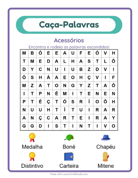 Pré-visualização da ficha de Caça-palavras com Acessórios para 1º ano do ensino fundamental