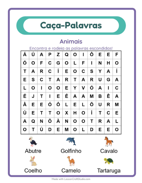 Pré-visualização da ficha de Caça-palavras com Animais para 1º ano do ensino fundamental