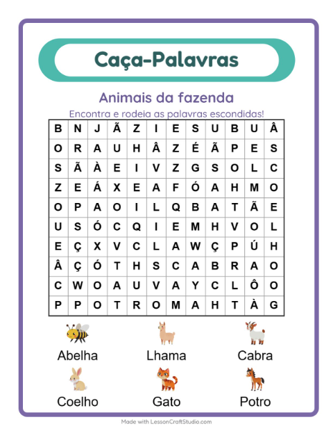 Pré-visualização da ficha de Caça-palavras com Animais da fazenda para 1º ano do ensino fundamental