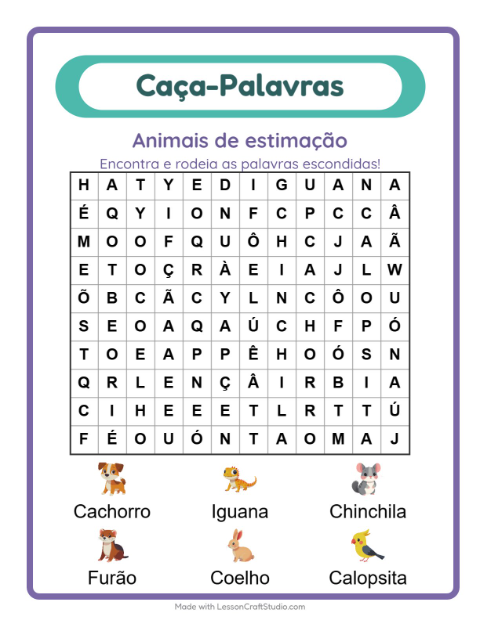 Pré-visualização da ficha de Caça-palavras com Animais de estimação para 1º ano do ensino fundamental