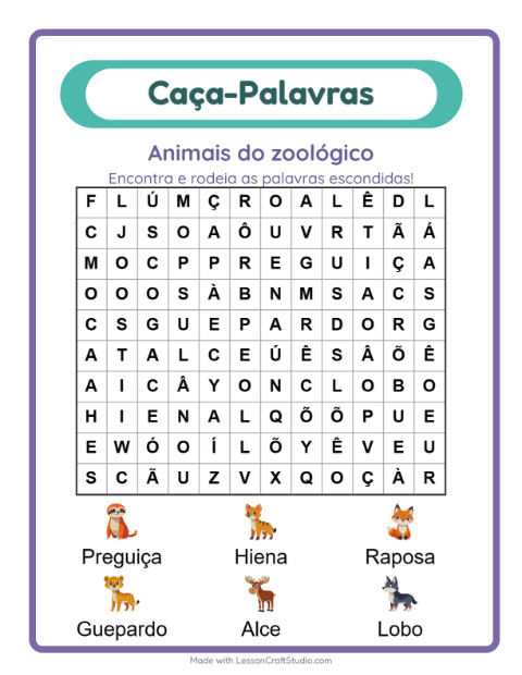 Pré-visualização da ficha de Caça-palavras com Animais do zoológico para 1º ano do ensino fundamental