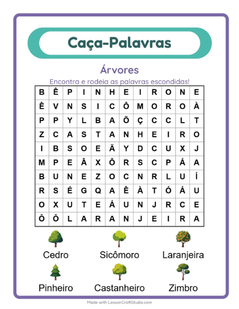Pré-visualização da ficha de Caça-palavras com Árvores para 1º ano do ensino fundamental