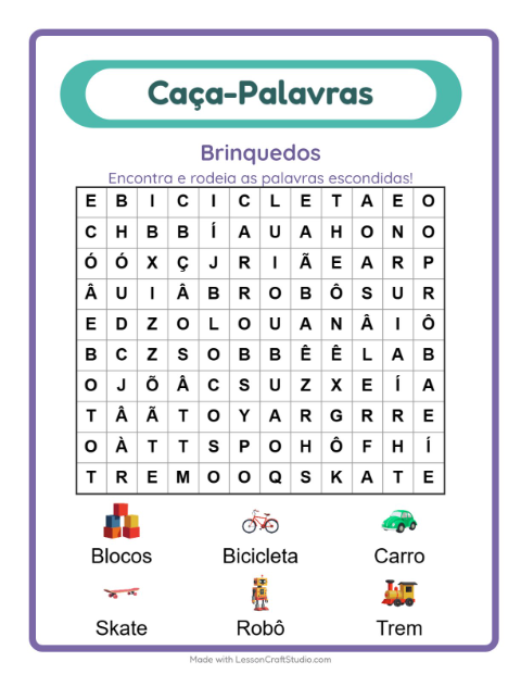 Pré-visualização da ficha de Caça-palavras com Brinquedos para 1º ano do ensino fundamental