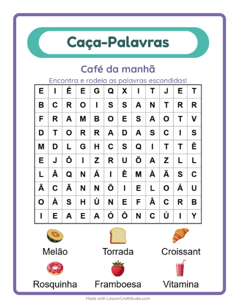 Pré-visualização da ficha de Caça-palavras com Café da manhã para 1º ano do ensino fundamental