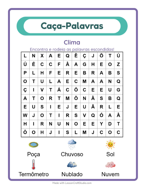 Pré-visualização da ficha de Caça-palavras com Clima para 1º ano do ensino fundamental