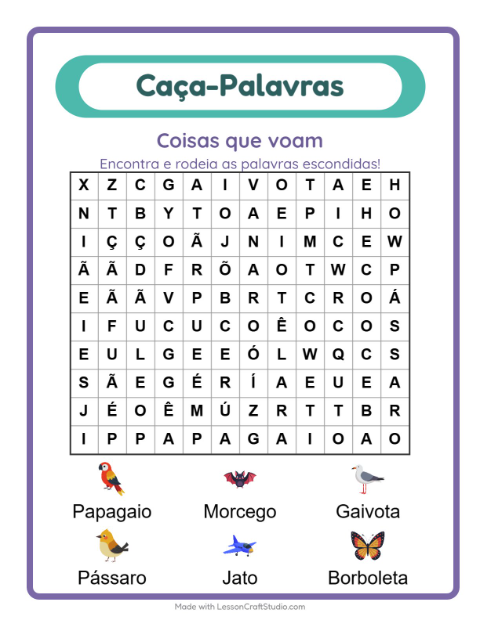 Pré-visualização da ficha de Caça-palavras com Coisas que voam para 1º ano do ensino fundamental