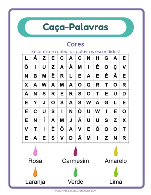 Pré-visualização da ficha de Caça-palavras com Cores para 1º ano do ensino fundamental