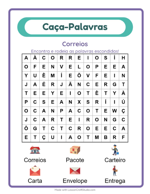 Pré-visualização da ficha de Caça-palavras com Correios para 1º ano do ensino fundamental