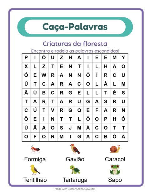 Pré-visualização da ficha de Caça-palavras com Criaturas da floresta para 1º ano do ensino fundamental