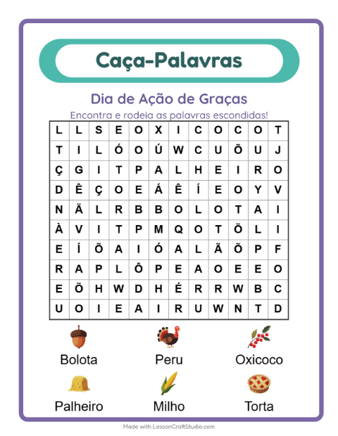 Pré-visualização da ficha de Caça-palavras com Dia de Ação de Graças para 1º ano do ensino fundamental