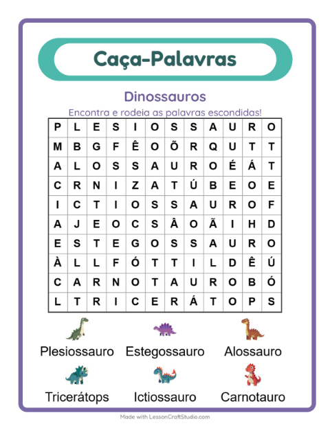 Pré-visualização da ficha de Caça-palavras com Dinossauros para 1º ano do ensino fundamental