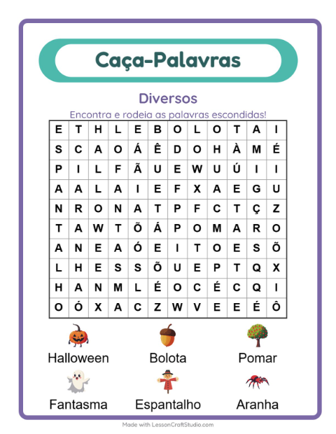 Pré-visualização da ficha de Caça-palavras com Diversos para 1º ano do ensino fundamental