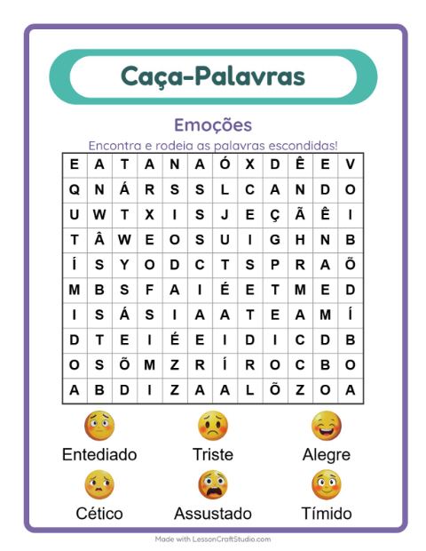 Pré-visualização da ficha de Caça-palavras com Emoções para 1º ano do ensino fundamental